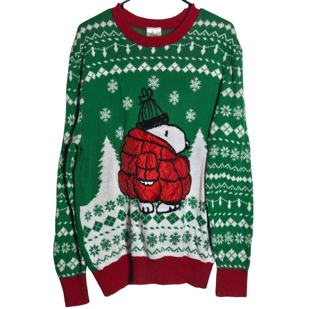Peanuts Snoopy Puffer Jacket Fair Isle Holiday Sweater XL Festive Christmas Ugly